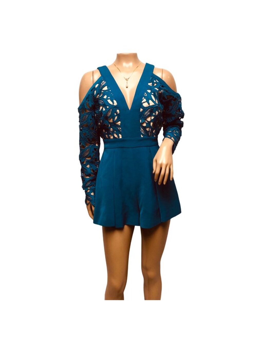Keepsake Romper Womens Size XS Blue Lace Deep V Cold Shoulder Shorts Party NEW